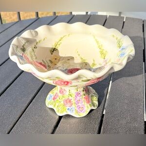 Floral Ceramic Pedestal Bowl with Scalloped Edge